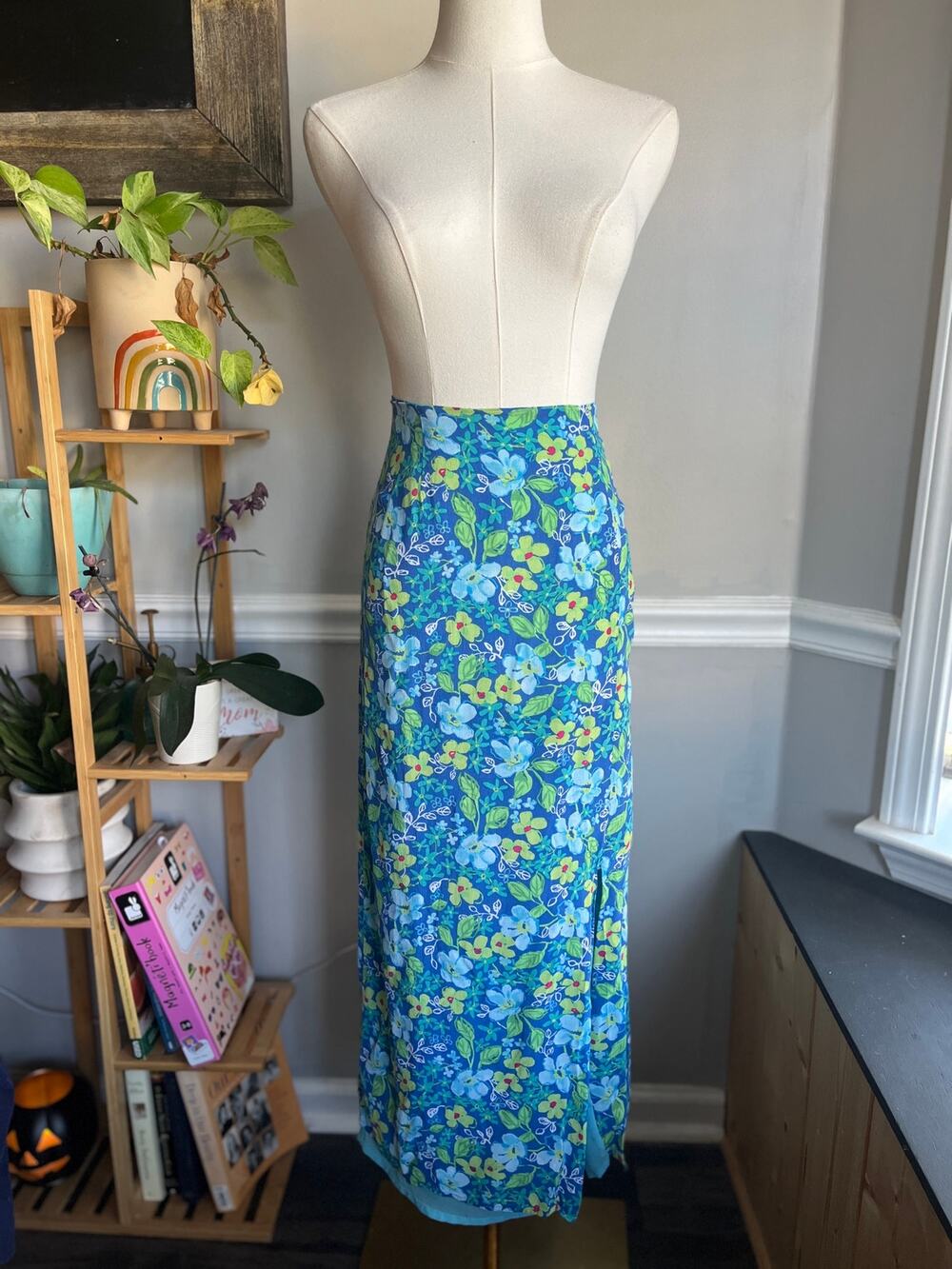 Vintage Y2K Floral Maxi Skirt Blue Green Straight Size Small